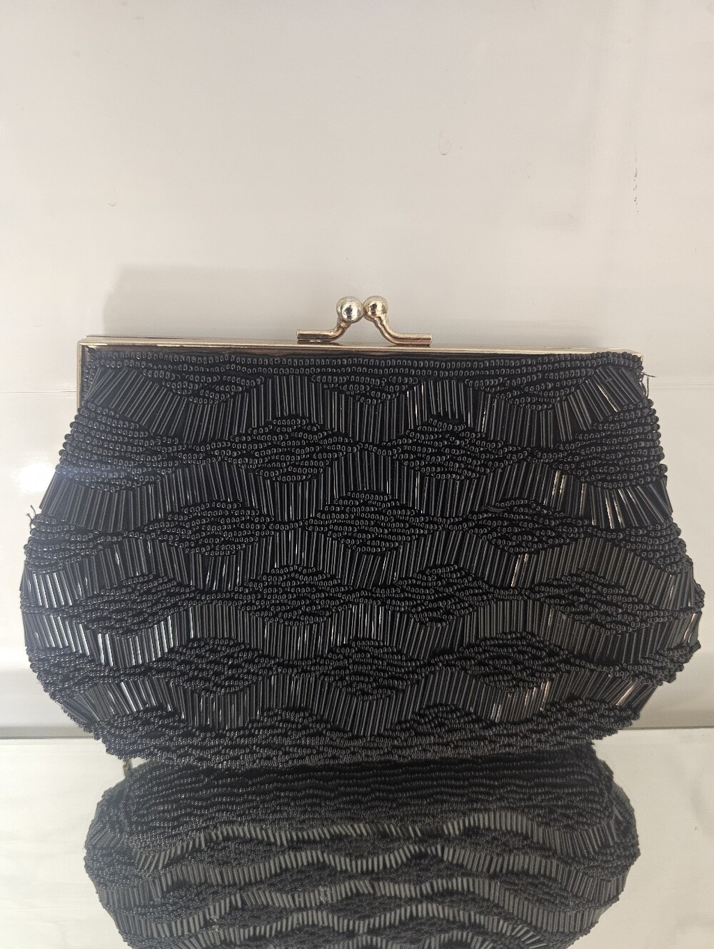 Kaiho Vintage Mid Century  Black Beaded Evening Clutch with Kiss-Lock Frame